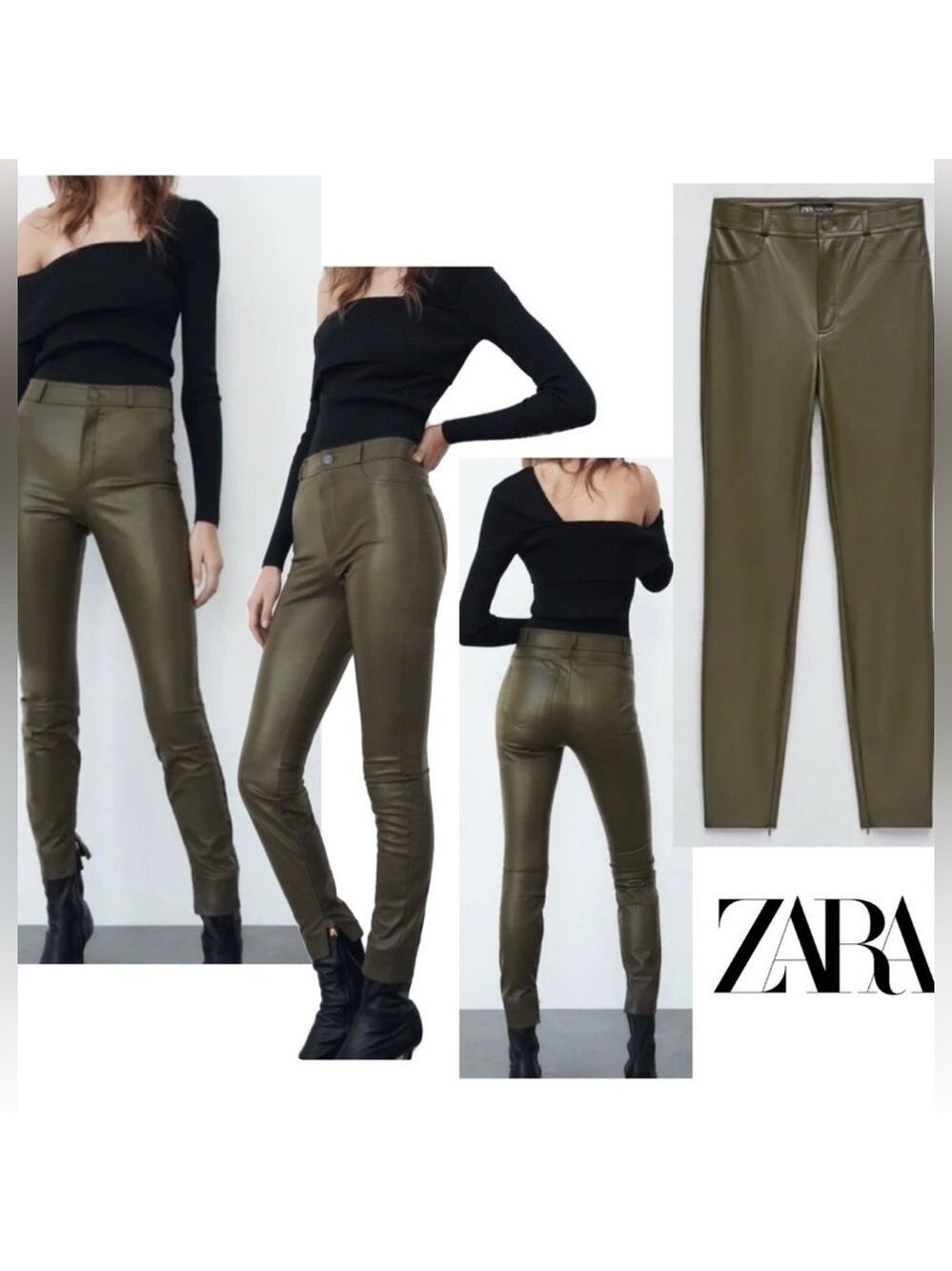 Zara olive khaki green faux leather high-rise leggings Sz M NWOT pleather vegan